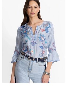Johnny Was Light Blue Striped Paisley Embroidered Split-Neck Blouse